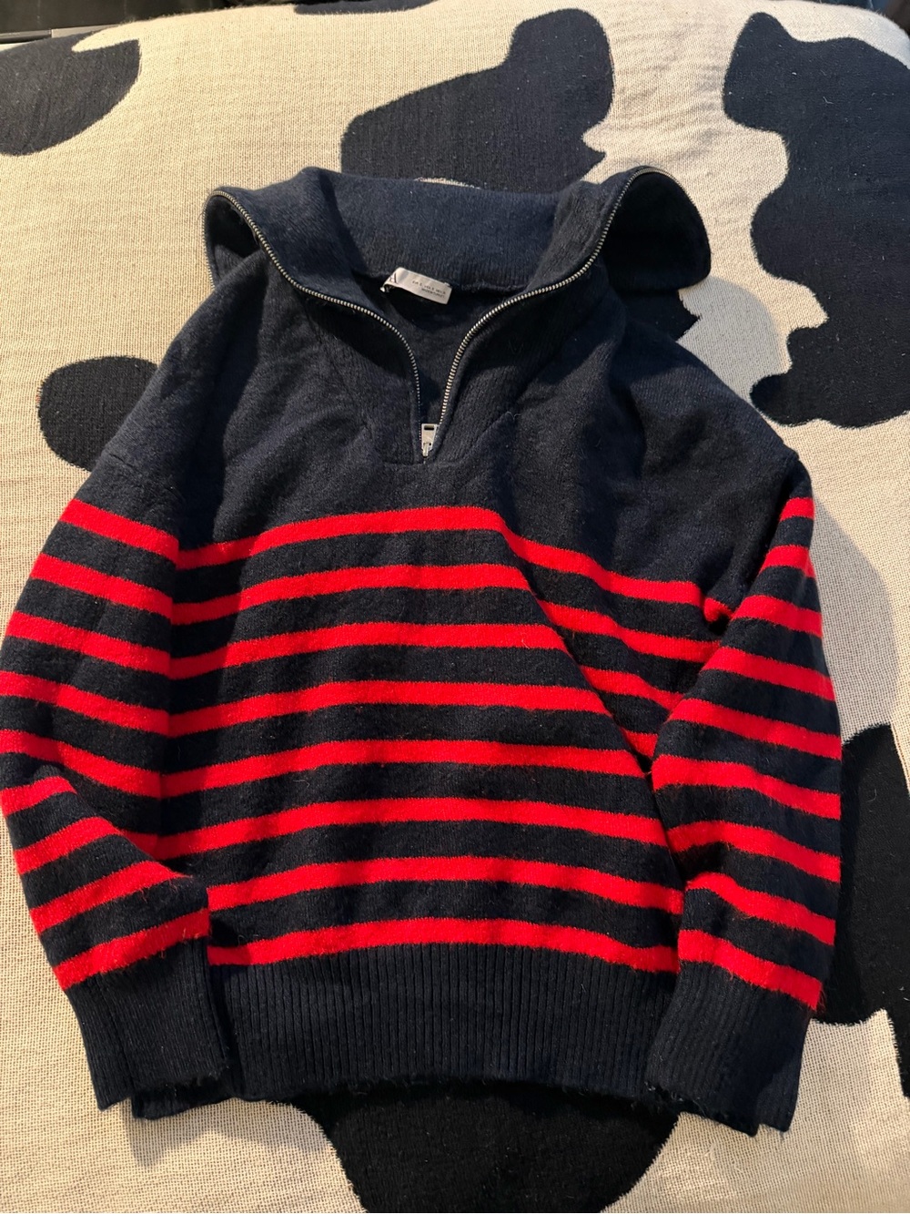 Zara Navy and Red Striped Half-Zip Sweater Size S